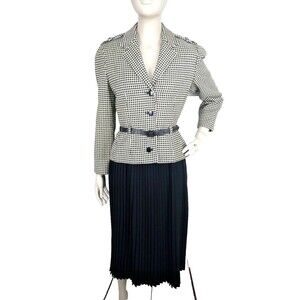 Vintage 70's Does 40s Houndstooth Pleated Midi Skirt & Blazer Suit Deadstock
